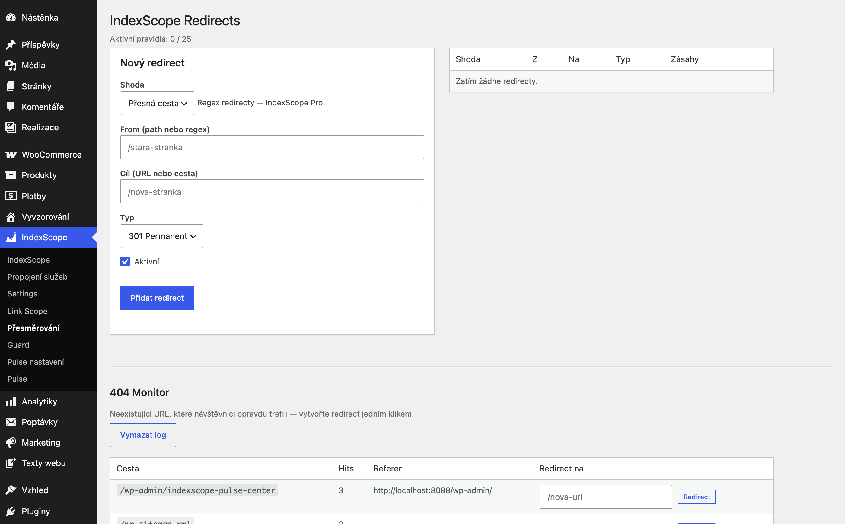 Redirect manager a 404 log